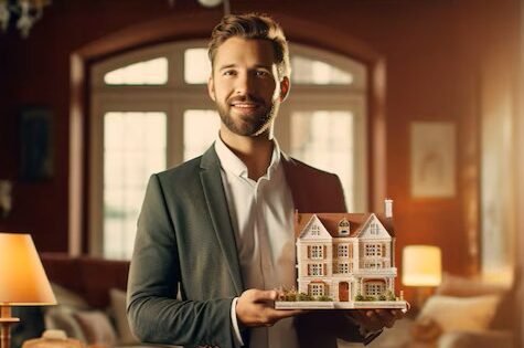 Professioneller Partner für Hausverwaltungen in Langenfeld: Ein Experte präsentiert ein Hausmodell als Symbol für umfassende Objektbetreuung.