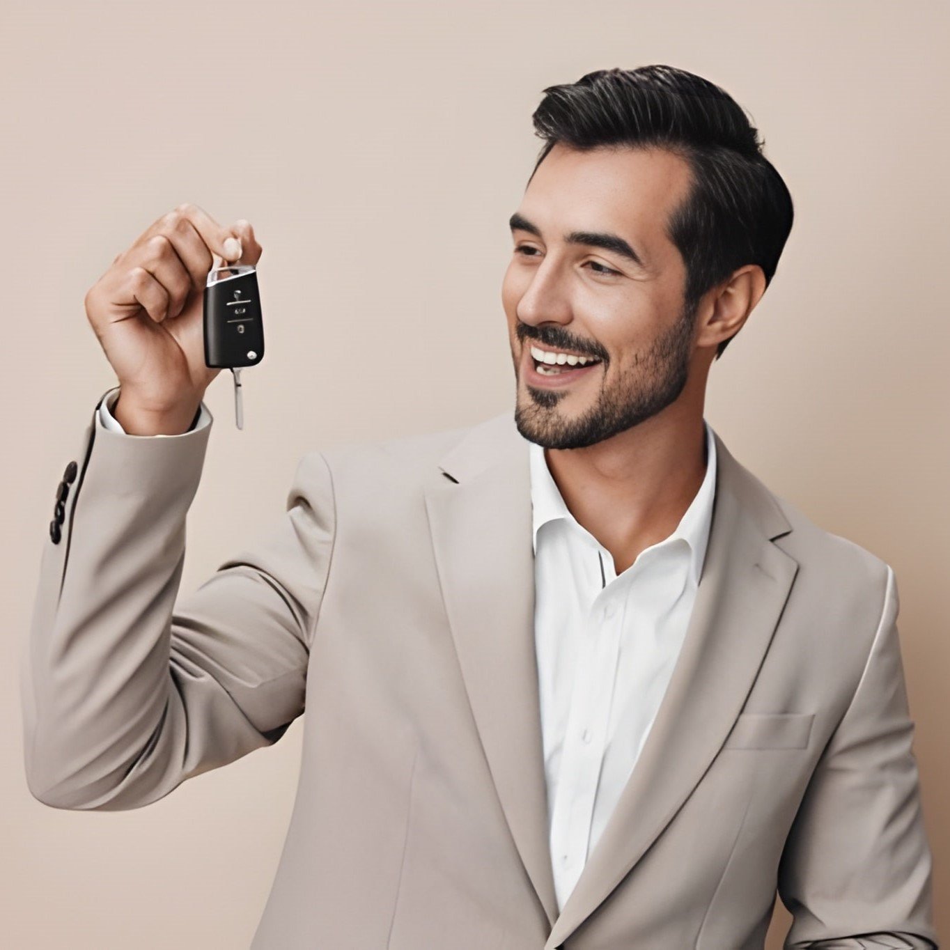 Zufriedener Kunde hält einen neuen Autoschlüssel in der Hand – Qualitätsservice und schnelle Hilfe bei Meisterwerk Langenfeld.