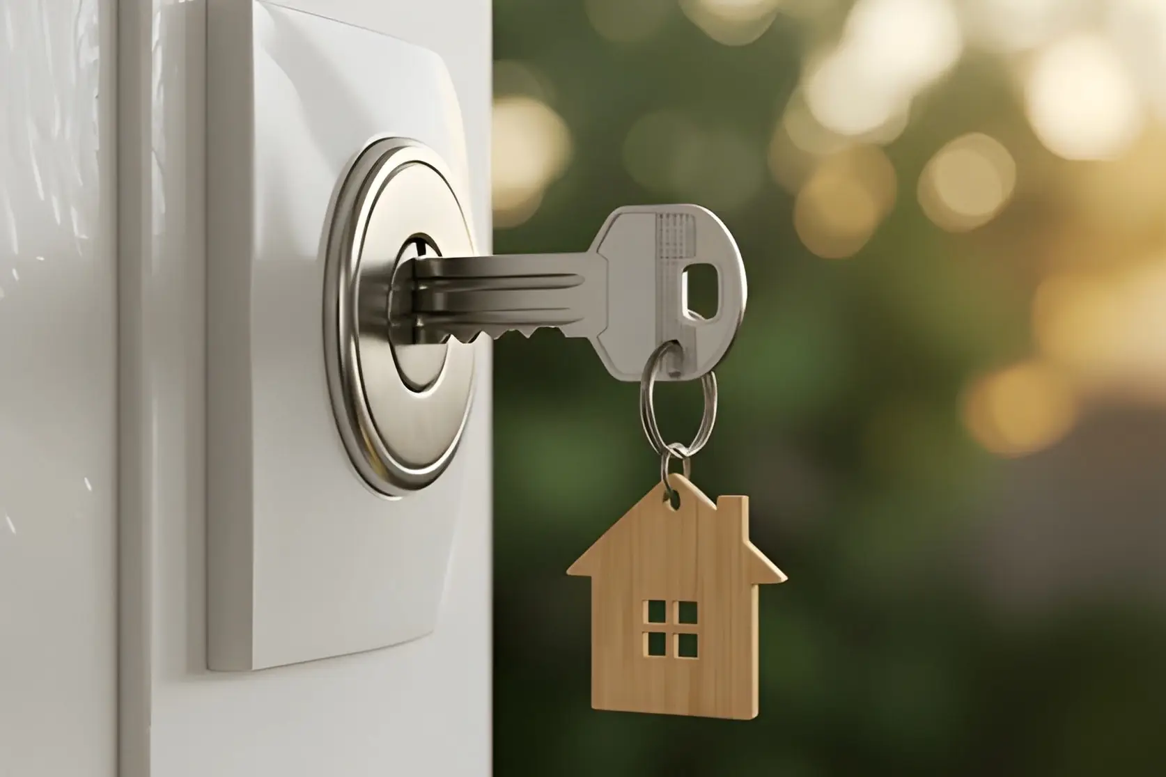 Haustürschlüssel im Schloss mit Haus-Anhänger – Professionelles Schlüssel-Nachmachen und Ersatzschlüssel-Service bei Meisterwerk Langenfeld.