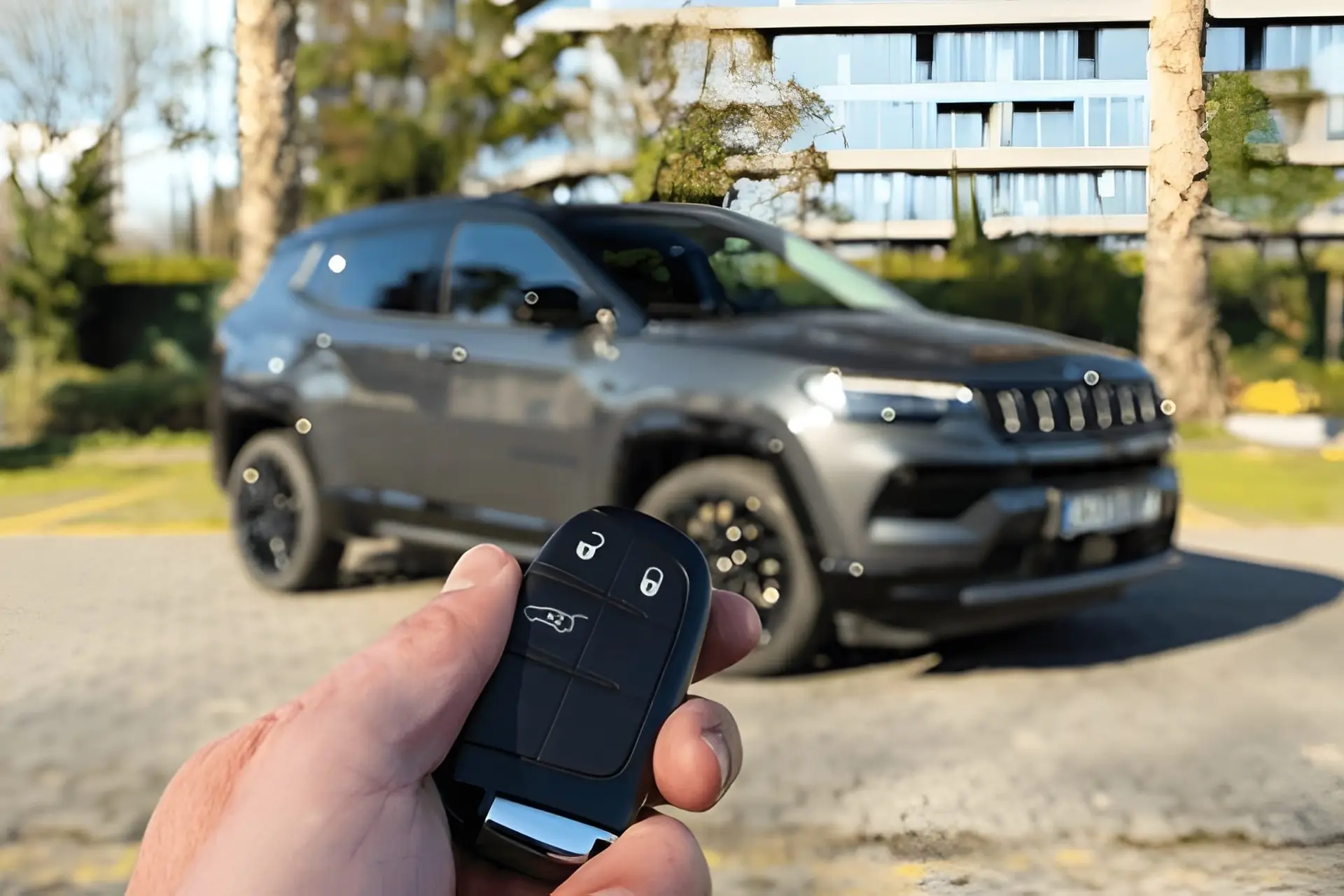 Hand hält eine moderne Funkfernbedienung für ein Auto vor einem grauen SUV – Professionelle Autoschlüssel-Programmierung bei Meisterwerk Langenfeld.