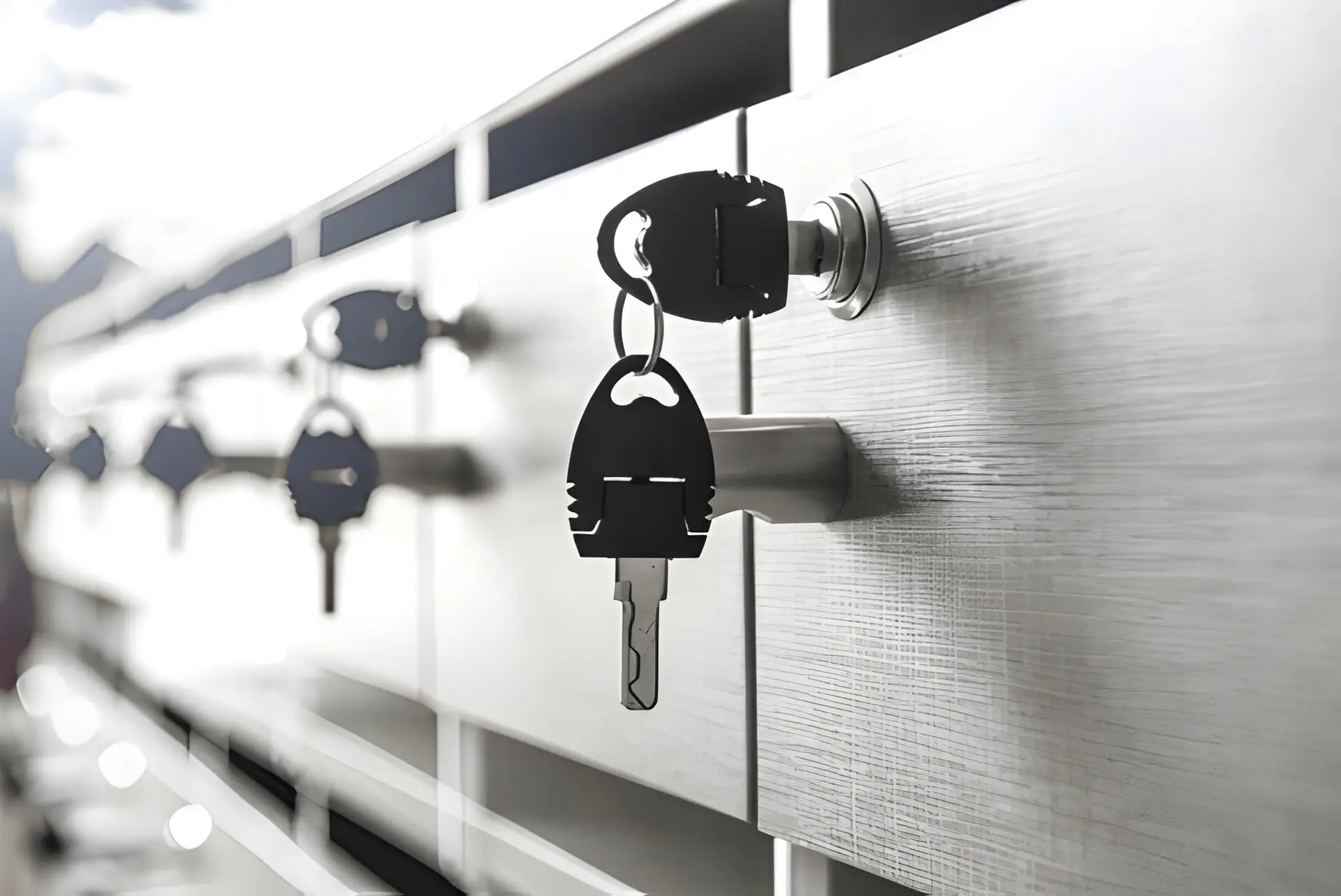 Mehrere Briefkastenschlüssel stecken in einer modernen Briefkastenanlage aus Edelstahl – Schnelle Nachfertigung von Kleinschlüsseln bei Meisterwerk Langenfeld.