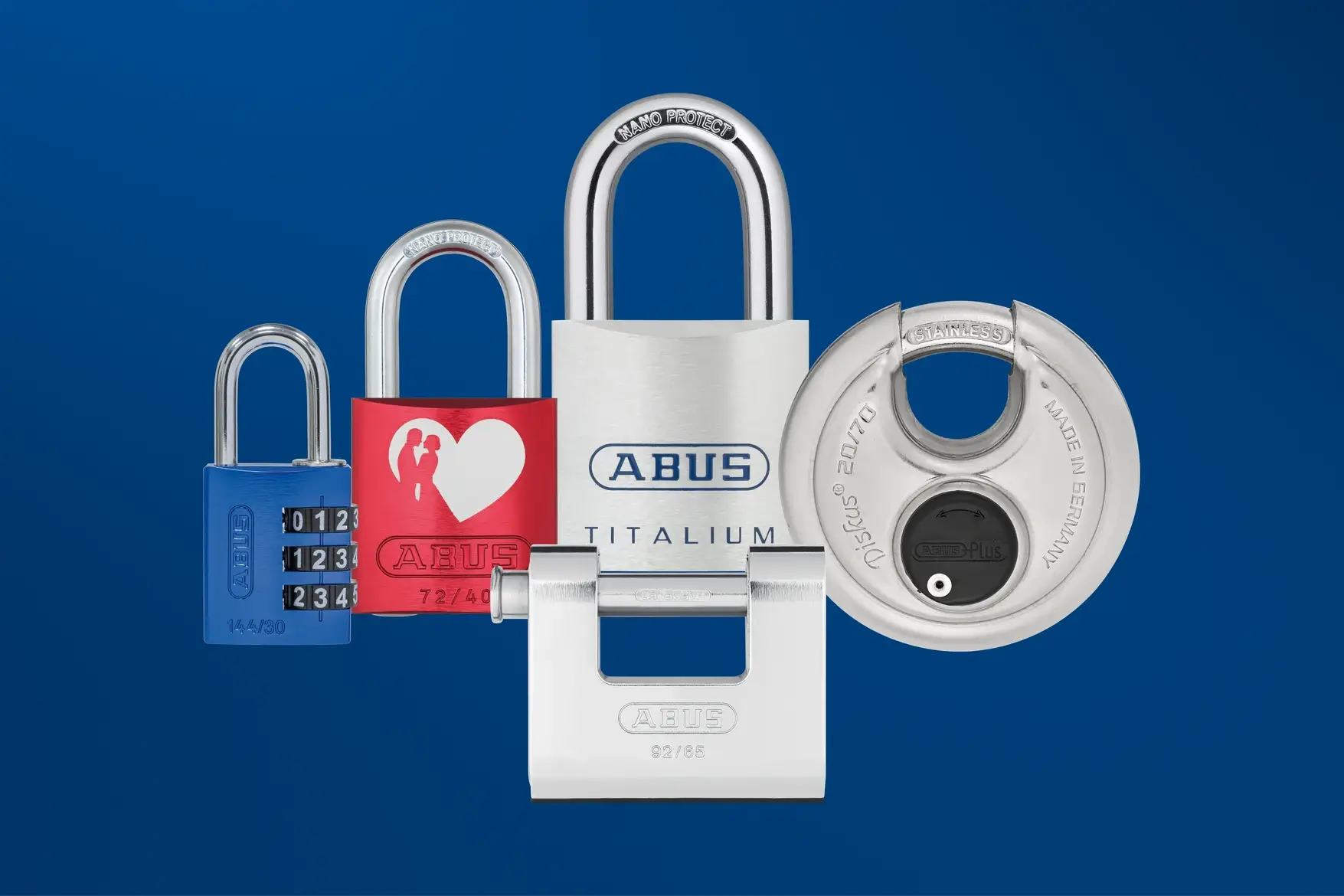 Verschiedene hochwertige ABUS Vorhängeschlösser inklusive Zahlenschloss und Diskusschloss – Professionelle Schlüssel-Nachfertigung bei Meisterwerk Langenfeld.