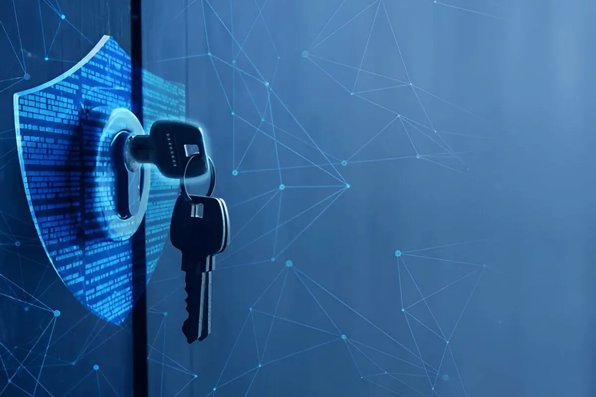Digitales Schlüsselmanagement in Langenfeld: Darstellung von physischen Schlüsseln in Verbindung mit einem digitalen Sicherheitsschild und Netzwerkgrafiken.