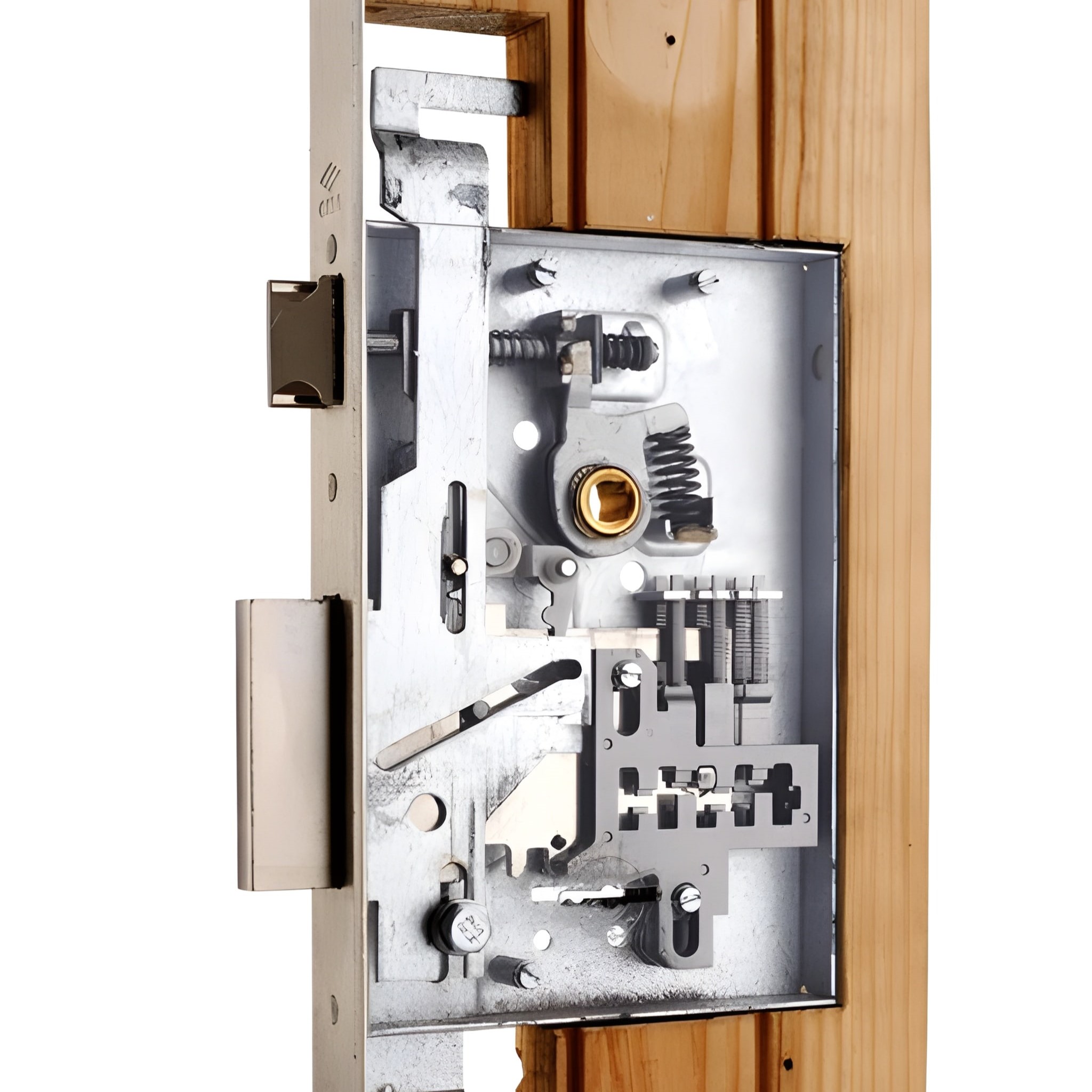 Fachgerechte Reparatur von Einsteckschlössern in Langenfeld: Detailansicht der komplexen Mechanik eines geöffneten Türschlosses.
