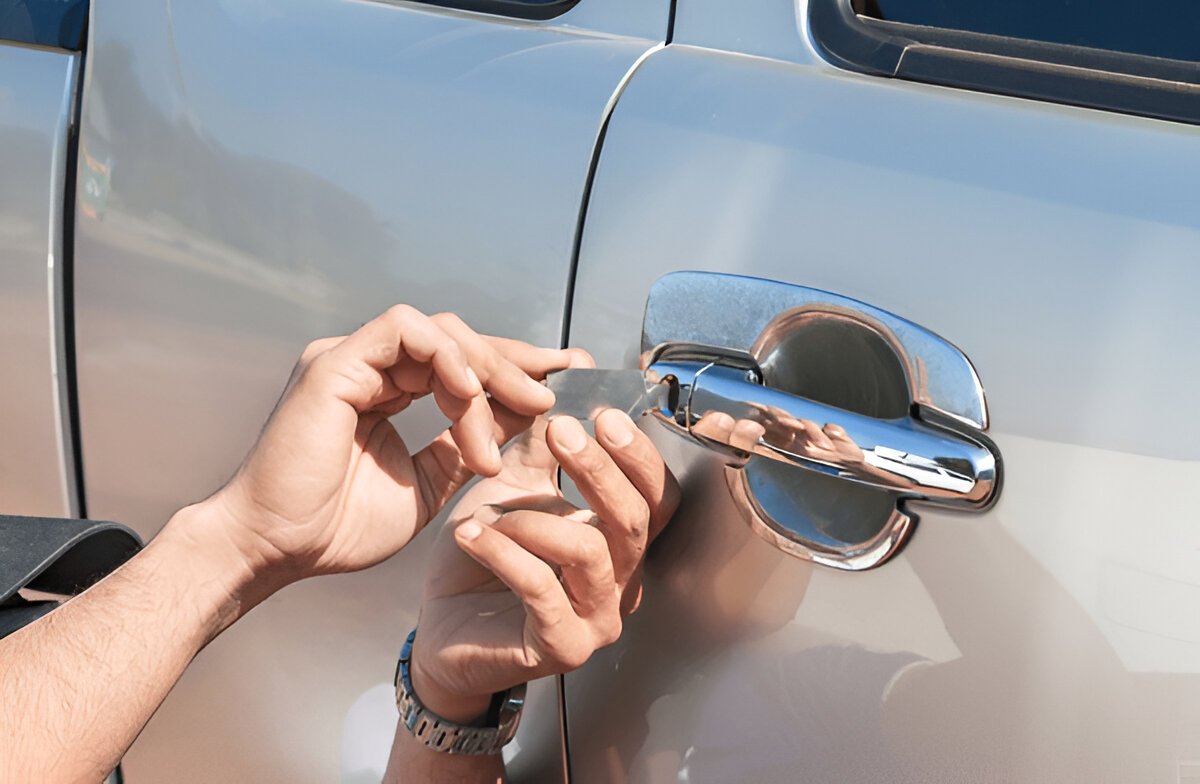Fachgerechte Autotüröffnung in Langenfeld: Ein Experte nutzt Spezialwerkzeug, um ein Fahrzeugschloss ohne Beschädigungen am Türgriff zu öffnen.