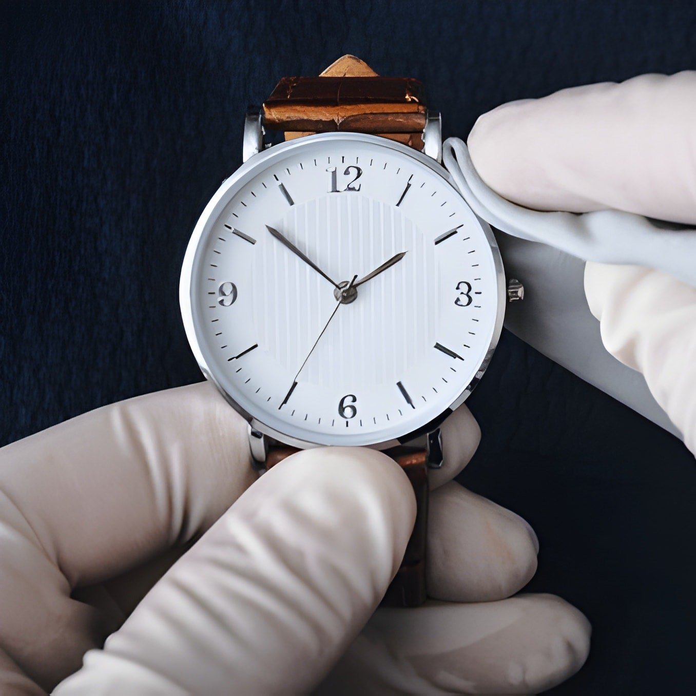 Professioneller Uhrenservice in Langenfeld: Vorsichtige Politur und Reinigung einer Armbanduhr durch einen Experten mit Schutzhandschuhen.